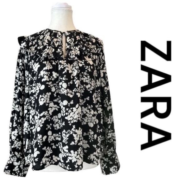 Zara Tops - ZARA Black & White Floral Blouse Keyhole Neck w/Elastic Button Fastener, Size M.